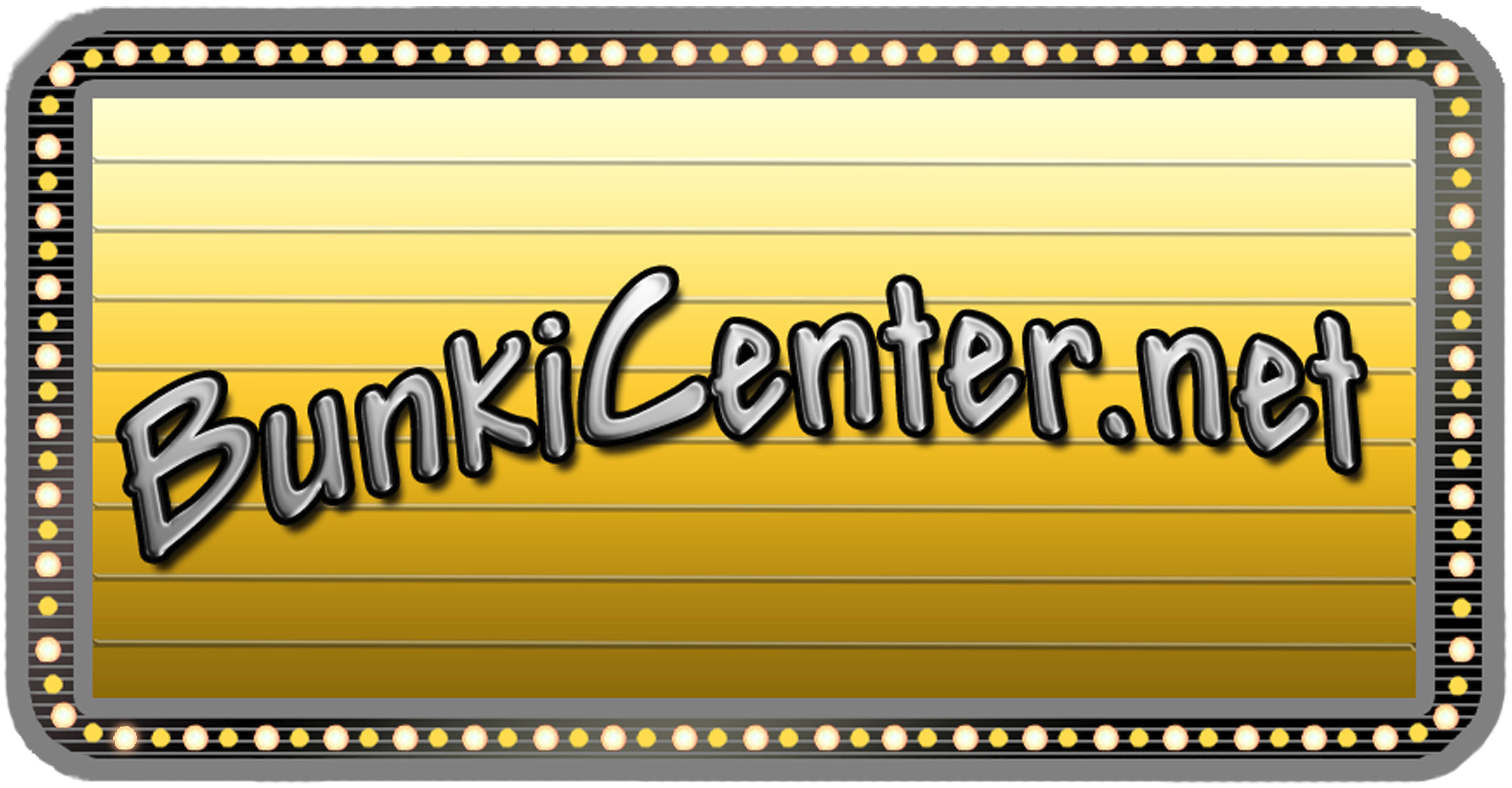 Bunki Center logo: A gold background with silver text, outlined in black, slightly curved, and a border resembling a billboard with lights.