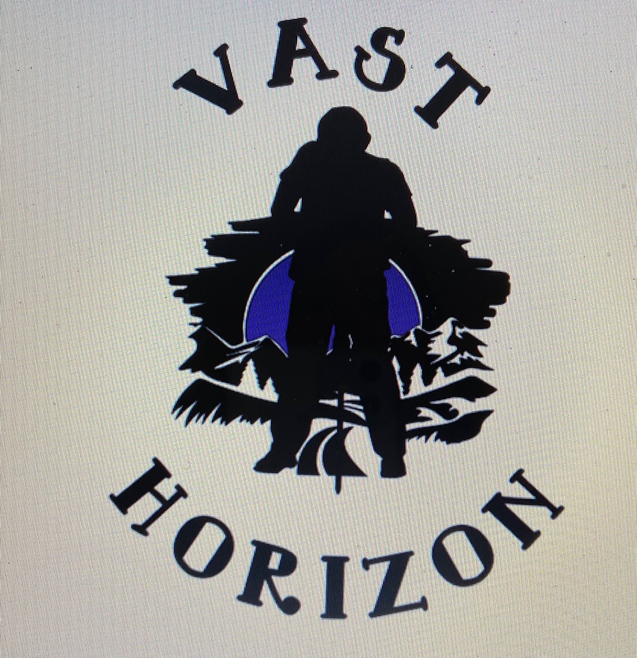Vast Horizon Logo: A dark silhouette of a construction worker is at the front of this image. He is holding a jackhammer in his hand, bent over slightly. A long road runs behind him, winding up into a mountain range. A hazy purple moon comes up from behind the image.